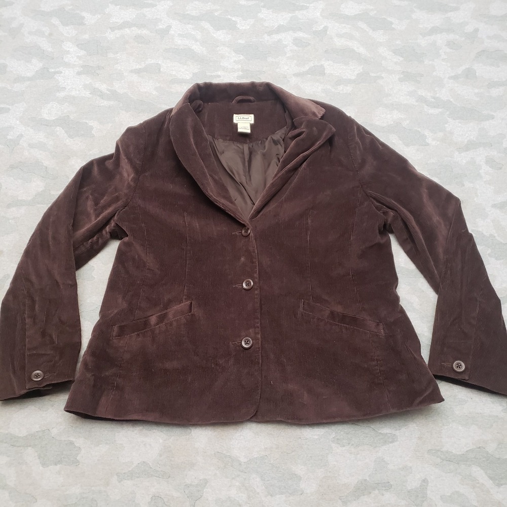 L.L. Bean Corduroy Blazer Womens 14P Brown Button Long Sleeve